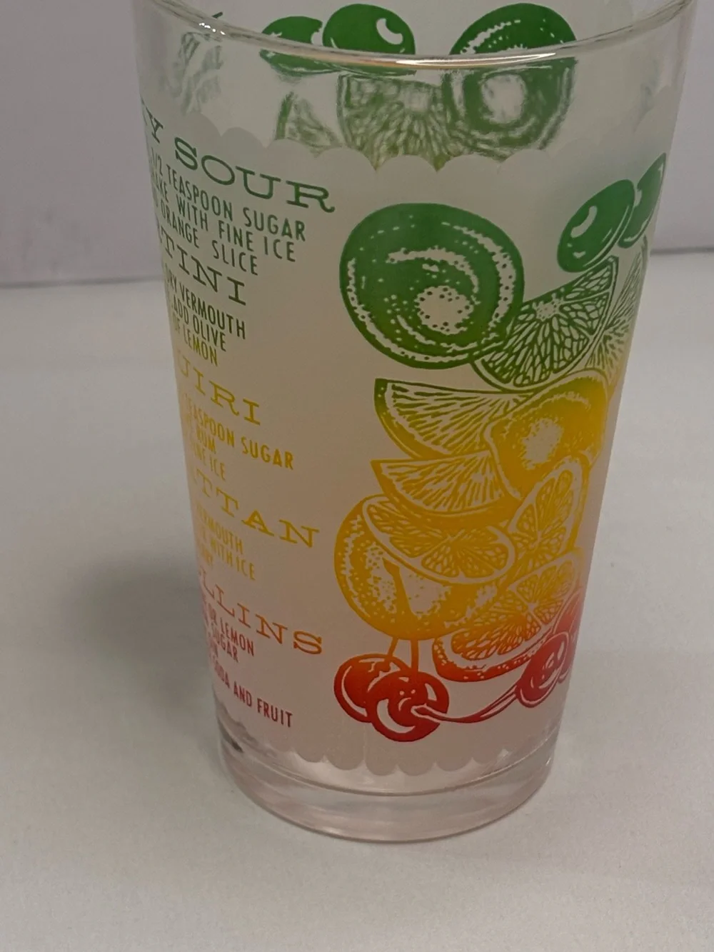 Vintage A Mr. Bartender Original Glass with Cocktail Recipes - Green/Yellow/Red